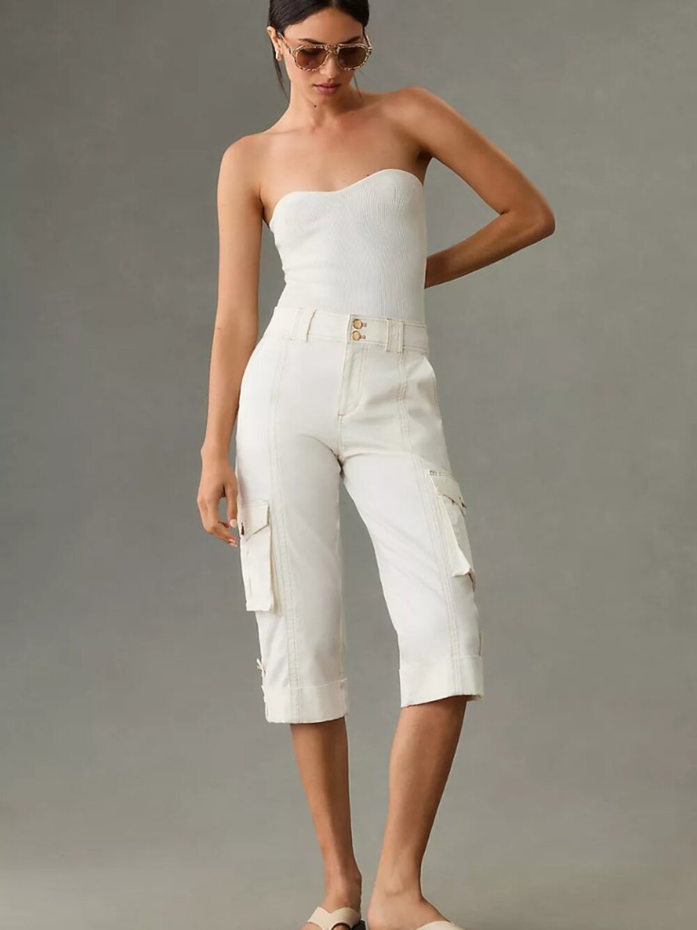 Maeve for Anthropologie Top-stitched white utility cropped pants